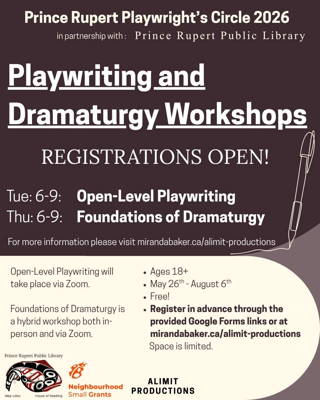 Flyer for Prince Rupert Playwright's Circle 2026, in partnership with Prince Rupert Public Library: Playwriting and Dramaturgy Workshops, registrations open. Open-Level Playwriting on Tuesdays 6 to 9 pm via Zoom, and Foundations of Dramaturgy on Thursdays 6 to 9 pm, hybrid in person and Zoom. Open to ages 18+, running May 26 to August 6, free of charge. Space is limited. Register at mirandabaker.ca/alimit-productions.