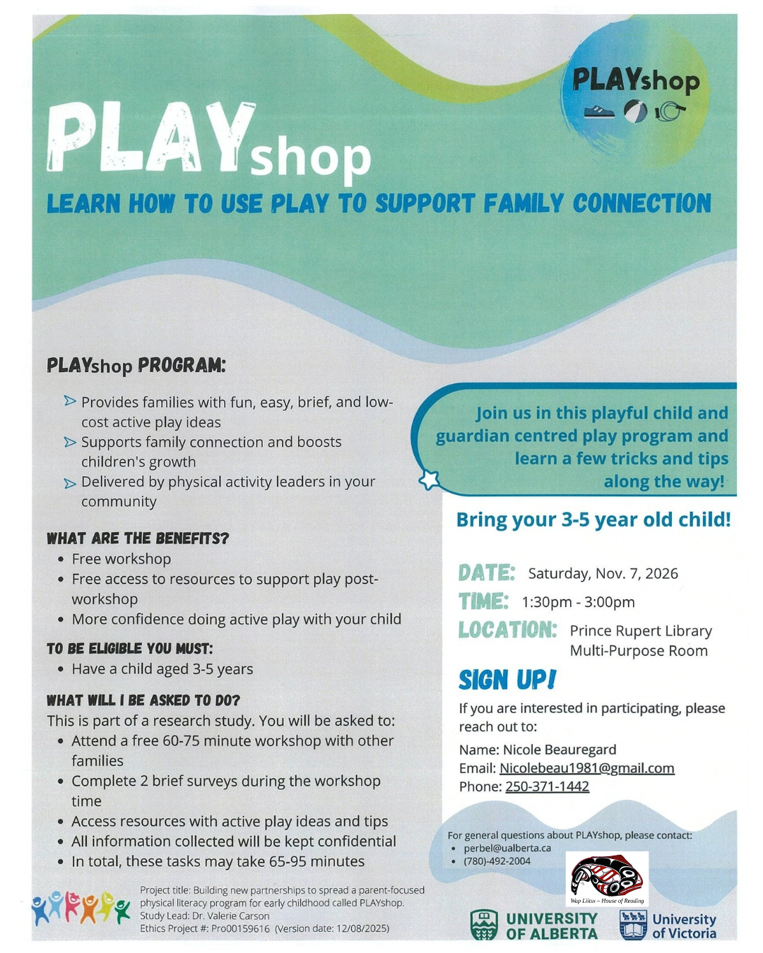 PLAYshop: learn how to use play to support family connection. Bring your 3 to 5 year old child. Saturday, November 7, 1:30 to 3 pm.