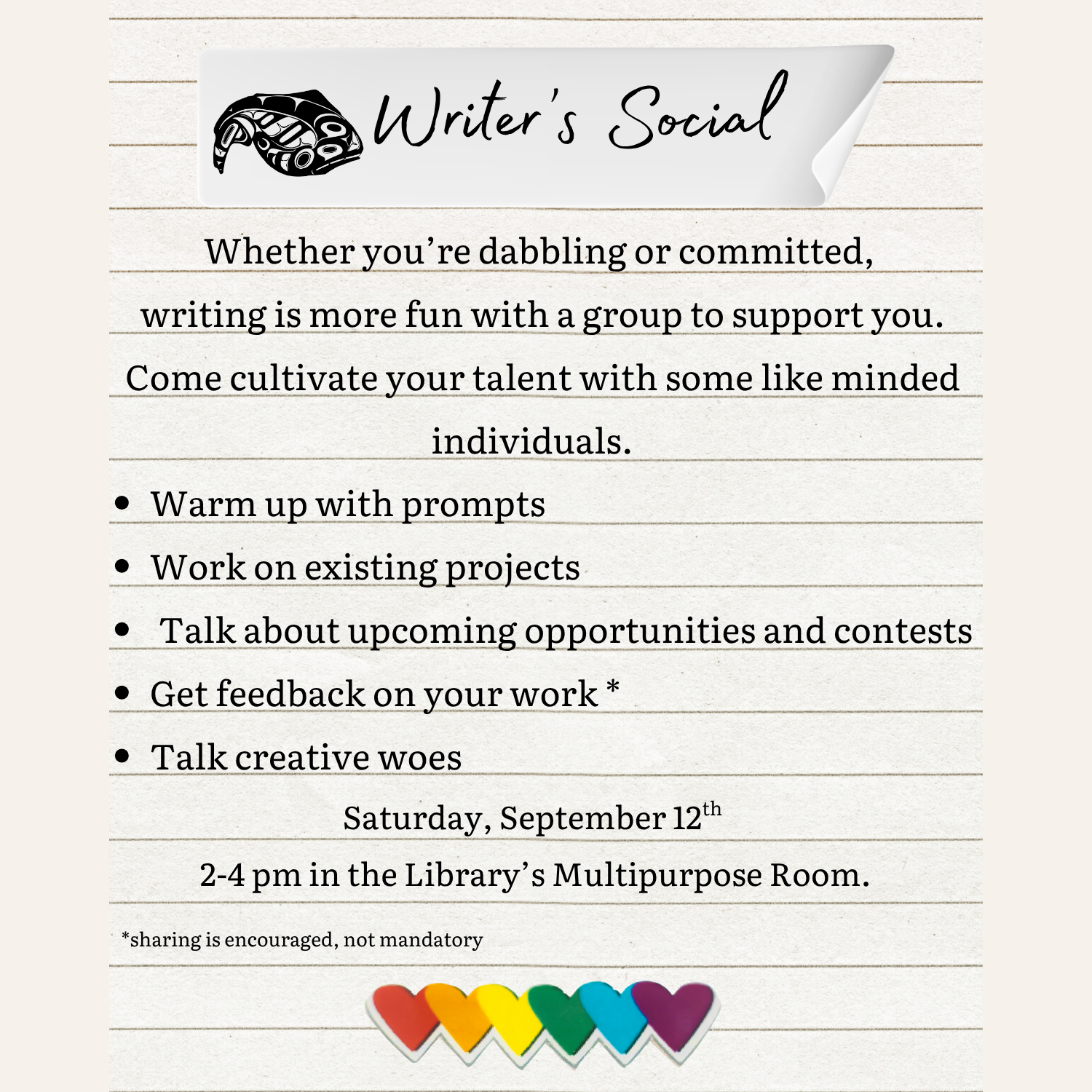 Writer's Social poster. Saturday, September 12th, 2-4 pm in the Library's Multipurpose Room.