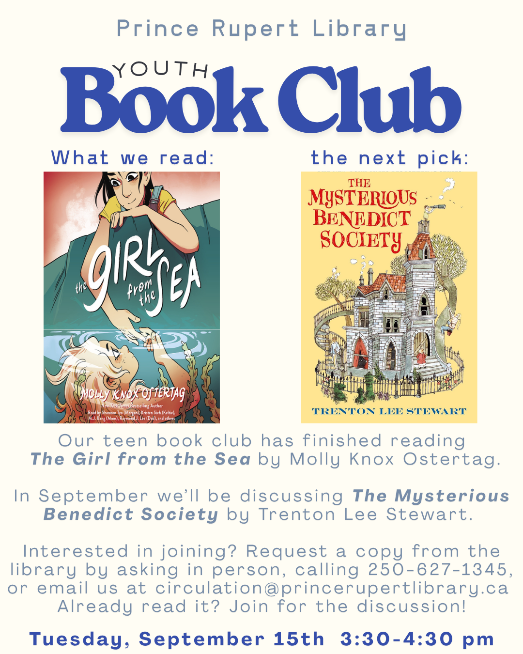 Youth Book Club poster: The Girl from the Sea by Molly Knox Ostertag (current read) and The Mysterious Benedict Society by Trenton Lee Stewart (next pick). Tuesday, September 15th, 3:30-4:30 pm.