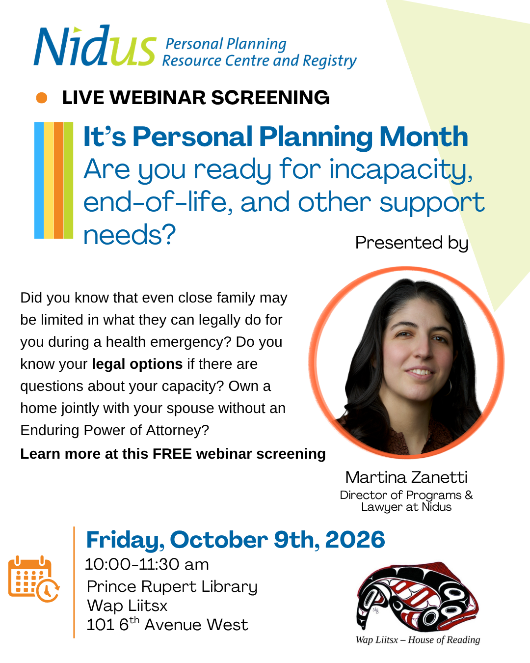 Nidus live webinar screening: It's Personal Planning Month. Are you ready for incapacity, end-of-life, and other support needs? Friday, October 9, 10 to 11:30 am.