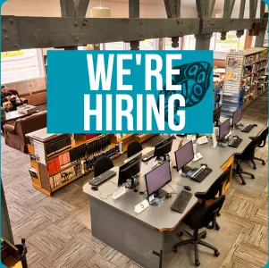 Prince Rupert Library "We're Hiring" graphic. The library is seeking an Indigenous Storyteller in Residence for Fall 2026.