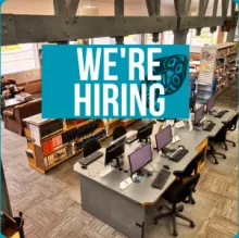 Prince Rupert Library "We're Hiring" graphic. The library is seeking an Indigenous Storyteller in Residence for Fall 2026.