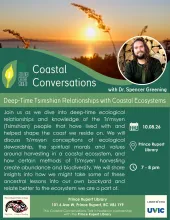 Coastal Conversations with Dr. Spencer Greening: Deep-Time Tsimshian Relationships with Coastal Ecosystems. October 8, 7 to 8 pm.