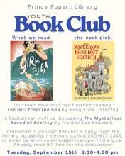 Youth Book Club poster: The Girl from the Sea by Molly Knox Ostertag (current read) and The Mysterious Benedict Society by Trenton Lee Stewart (next pick). Tuesday, September 15th, 3:30-4:30 pm.