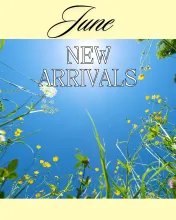 June New Arrivals graphic. Features an upward-looking photo of wildflowers and green grass against a bright blue sky.